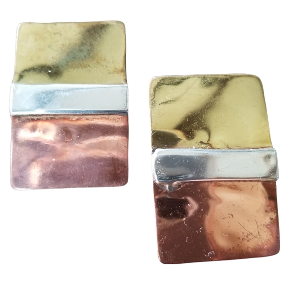 Vintage Artisan Designed Hand Crafted Tr-Tone Metal Post Style Pierced Earrings - Picture 2 of 8